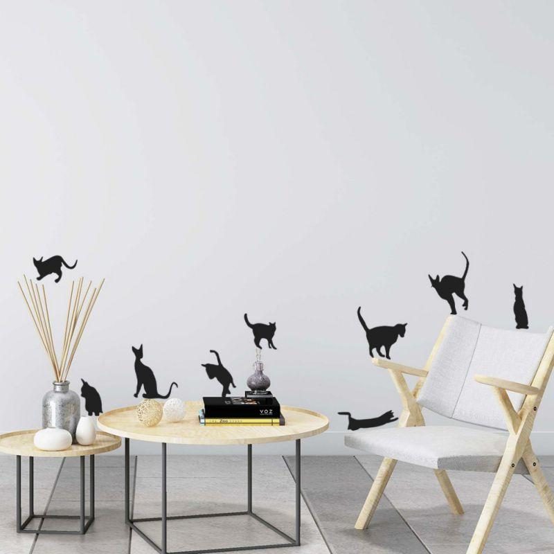 9pcs Décoration Murale Chat Sautant Noir