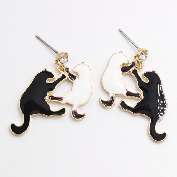 Bijoux Boucles D'oreilles Chat Noir Blanc