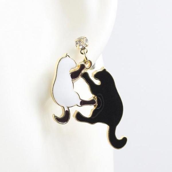 Bijoux Boucles D'oreilles Chat Noir Blanc