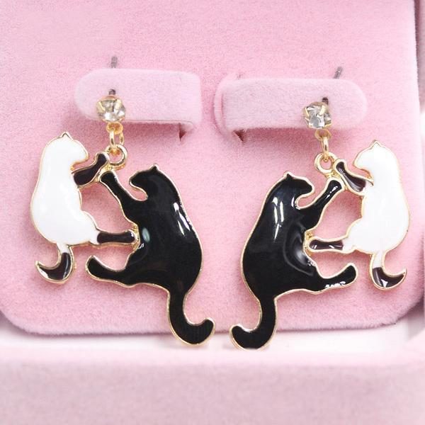 Bijoux Boucles D'oreilles Chat Noir Blanc