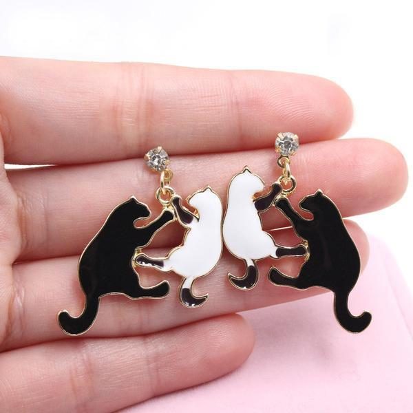 Bijoux Boucles D'oreilles Chat Noir Blanc