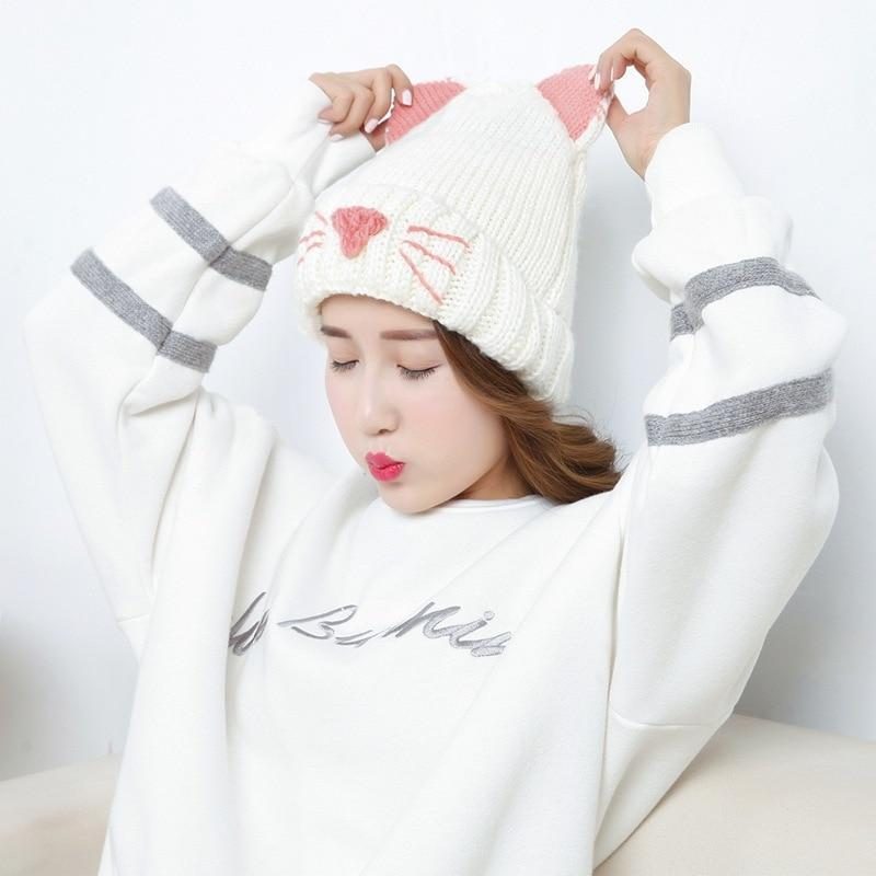 Bonnet Tricoté Hiver Design Chat Mignon