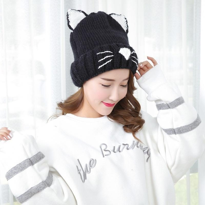 Bonnet Tricoté Hiver Design Chat Mignon