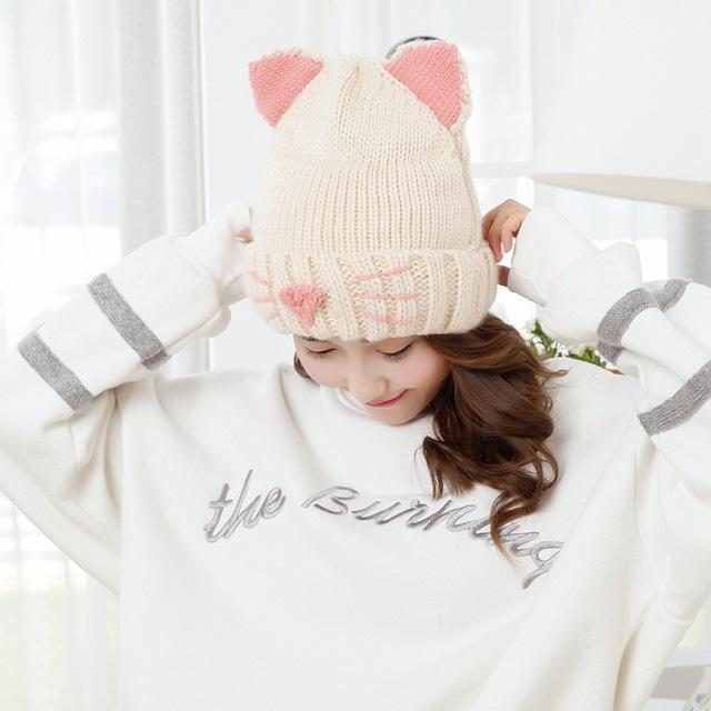 Bonnet Tricoté Hiver Design Chat Mignon