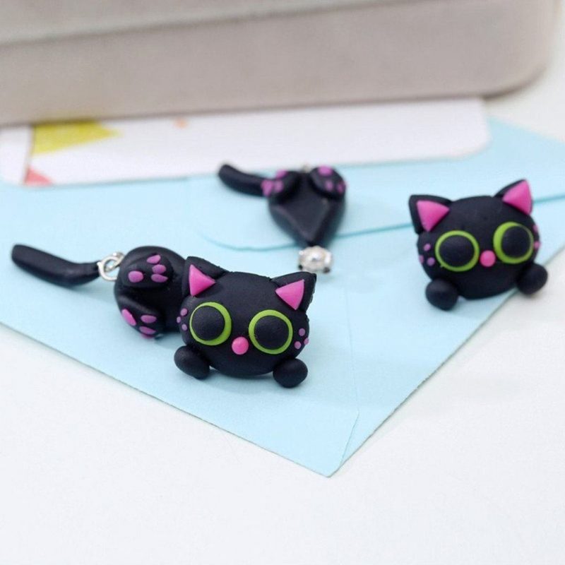 Boucles D'oreilles Chat Noir En Pâte Polymère