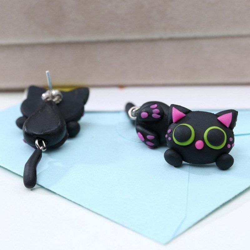 Boucles D'oreilles Chat Noir En Pâte Polymère