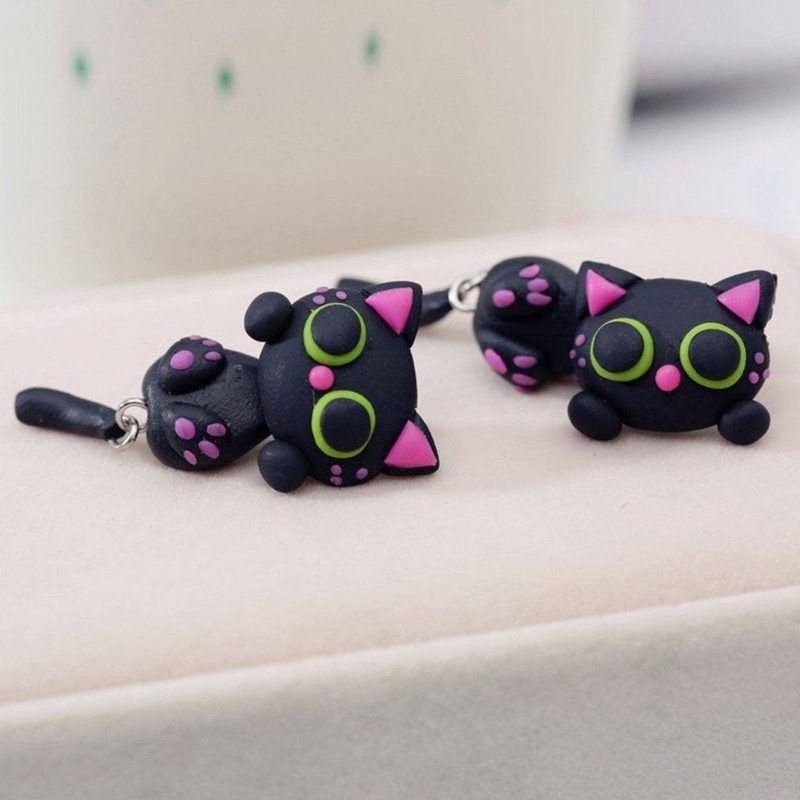 Boucles D'oreilles Chat Noir En Pâte Polymère