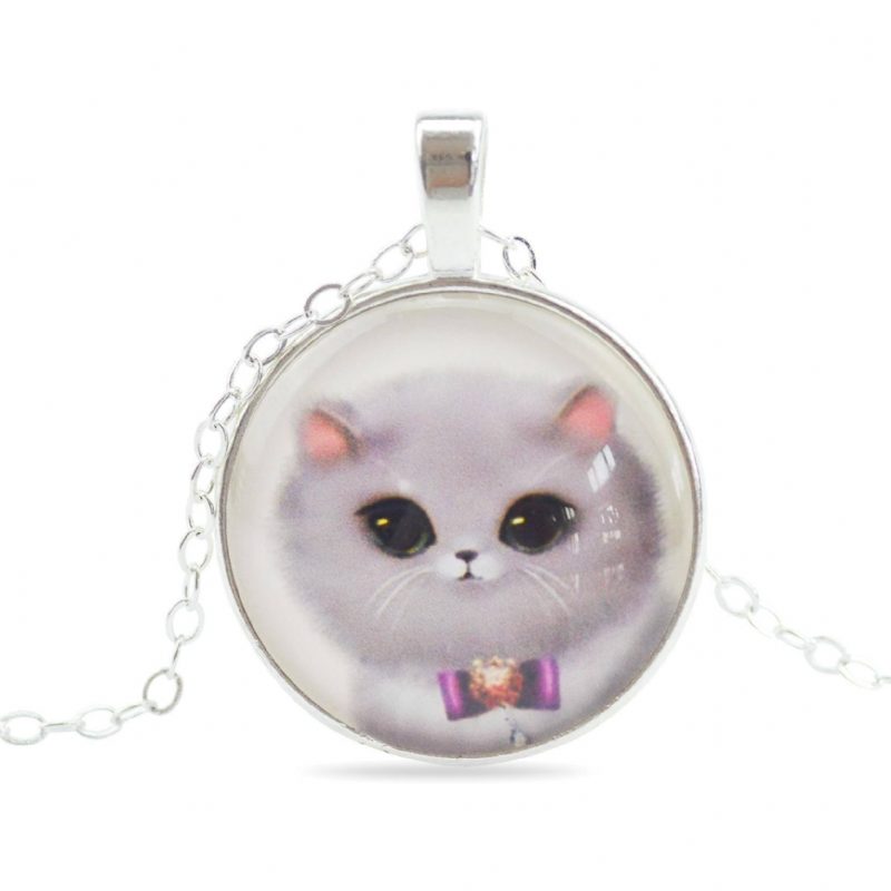 Collier Pendentif Cabochon En Verre Chat