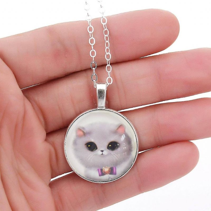 Collier Pendentif Cabochon En Verre Chat