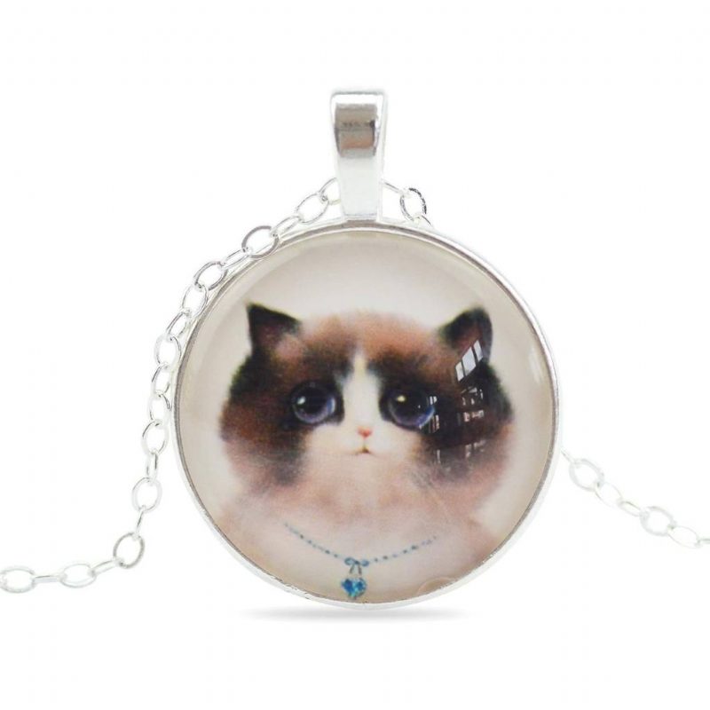 Collier Pendentif Cabochon En Verre Chat