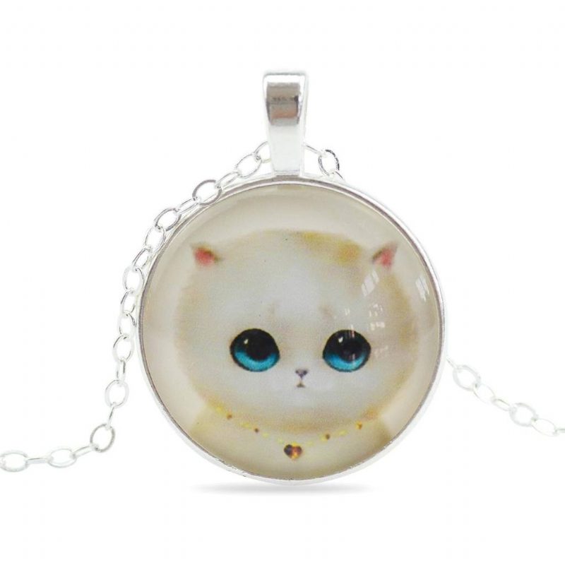 Collier Pendentif Cabochon En Verre Chat