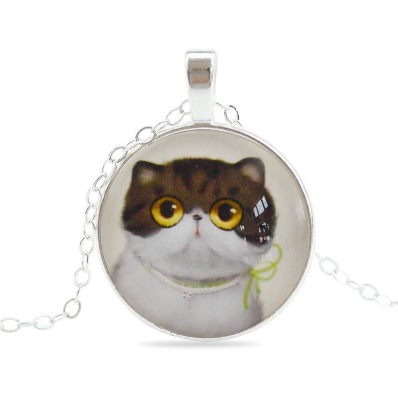 Collier Pendentif Cabochon En Verre Chat