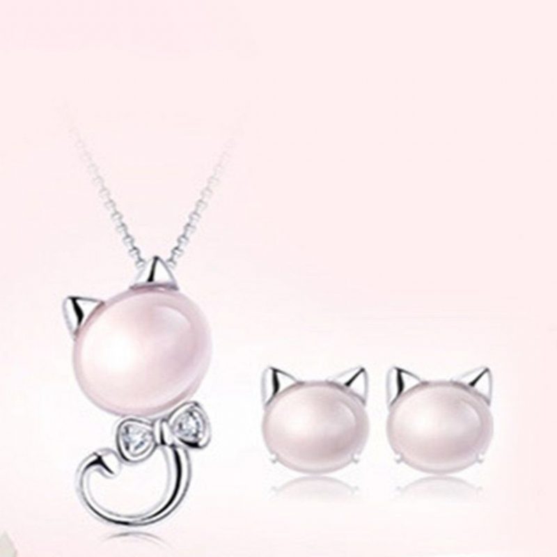 Ensemble - Boucles D'oreilles Chat Plaqué Argent Et Collier Pendentif