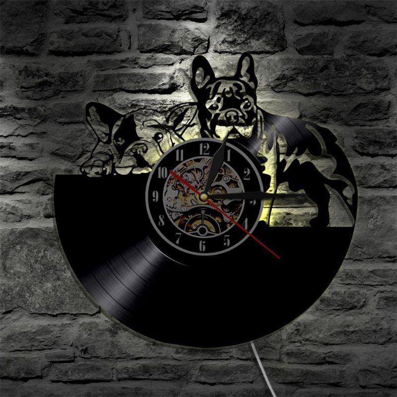 Horloge Murale Disque Vinyle Chien Bouledogue Français