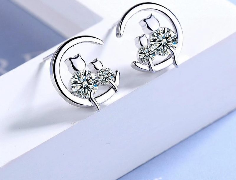 Jolies Boucles D'oreilles Chat Lune