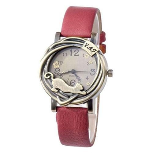 Montre-bracelet En Cuir Design Vintage Chat Et Fleur