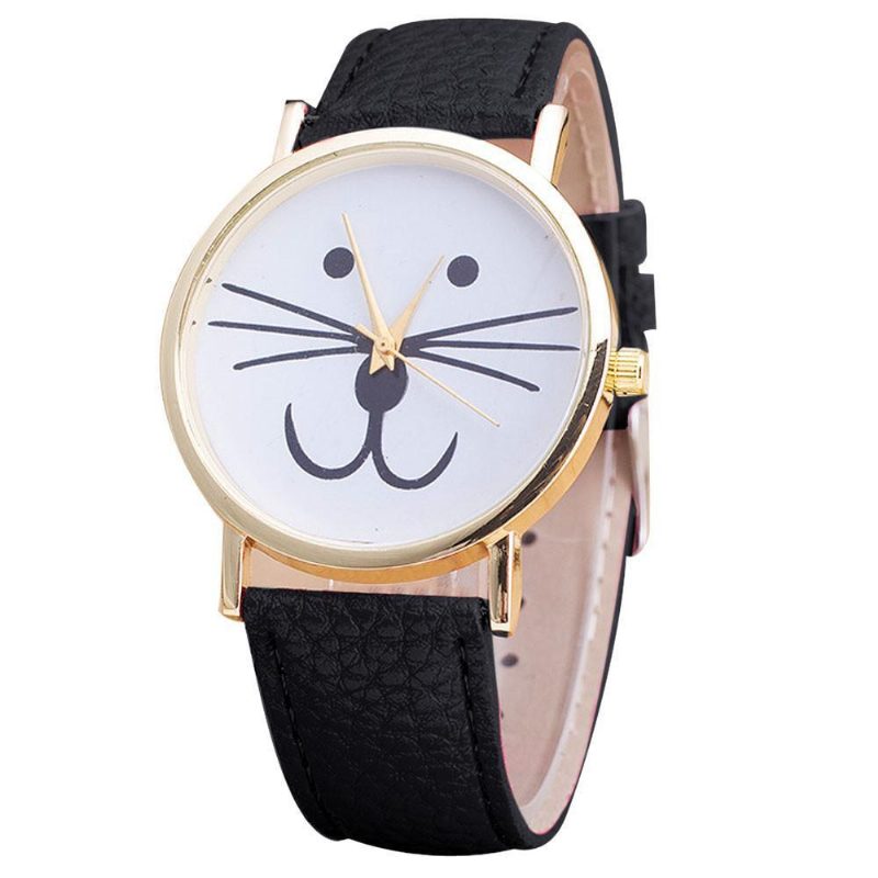 Montre En Cuir Analogique À Motif De Visage De Chat