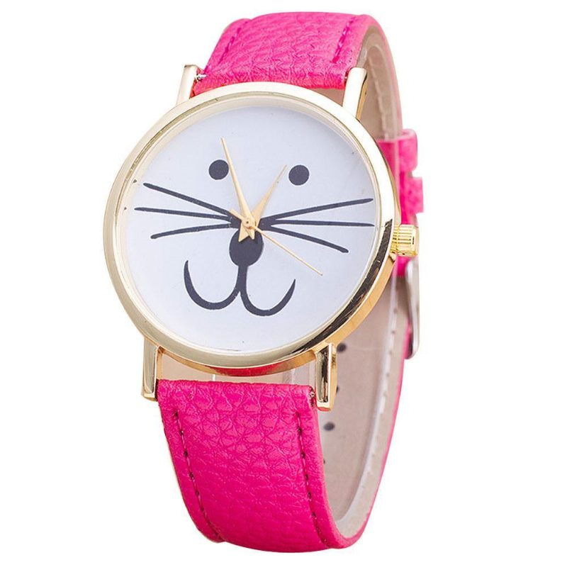 Montre En Cuir Analogique À Motif De Visage De Chat