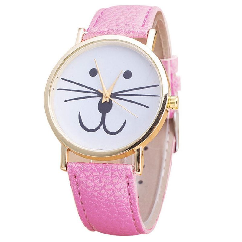 Montre En Cuir Analogique À Motif De Visage De Chat