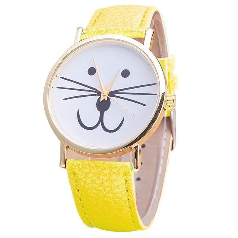 Montre En Cuir Analogique À Motif De Visage De Chat