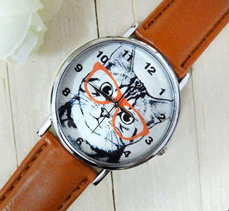 Montre En Cuir Ronde Analogique Chat