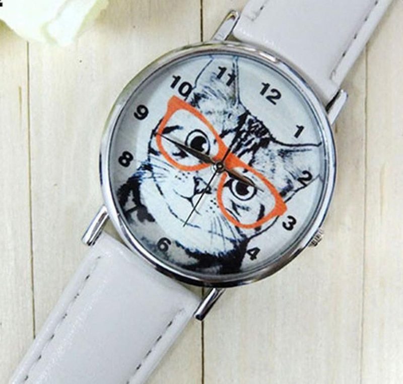 Montre En Cuir Ronde Analogique Chat