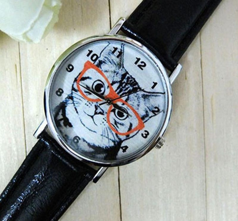 Montre En Cuir Ronde Analogique Chat