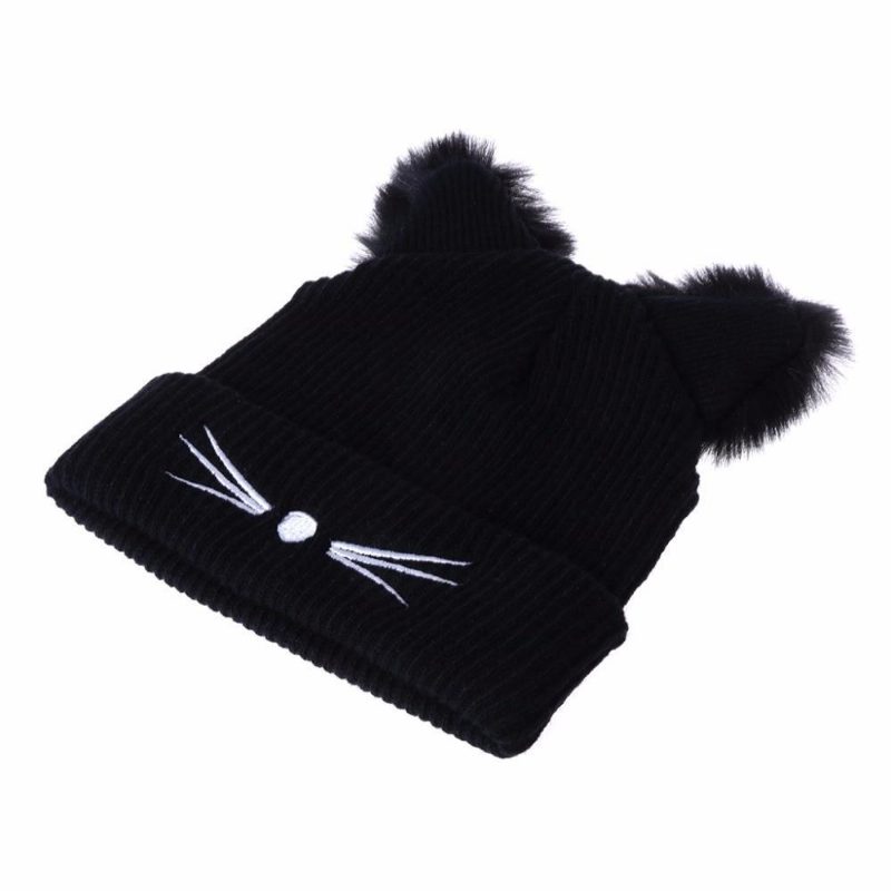 Oreilles De Chat Moelleuses Femmes Bonnet Tricoté Bonnet D'hiver Chaud