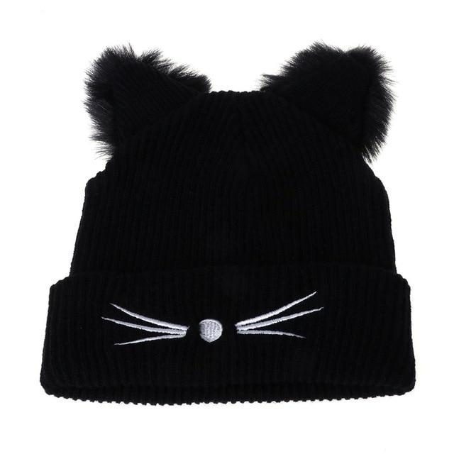 Oreilles De Chat Moelleuses Femmes Bonnet Tricoté Bonnet D'hiver Chaud